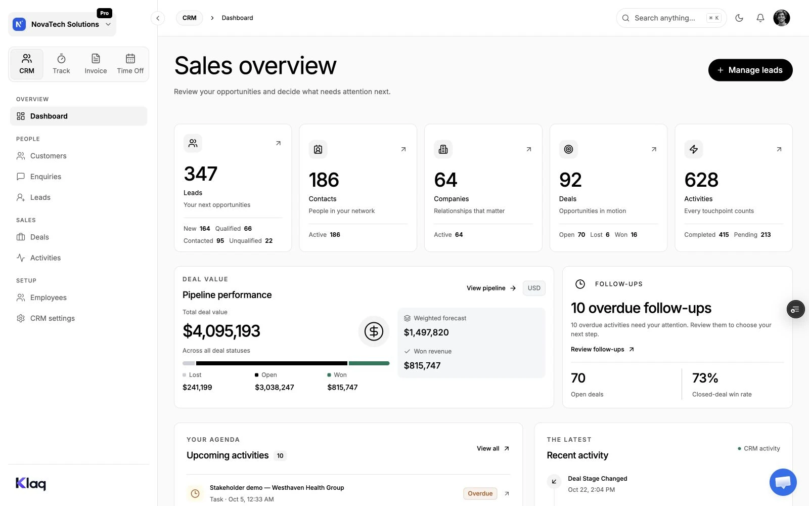CRM in the Klaq demo workspace